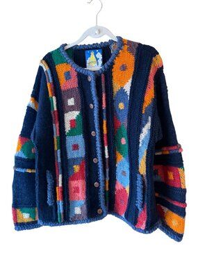 Newari 1990s Womens Hand Knit Relaxed Cardigan Size L/XL Multicolor Wool Boho